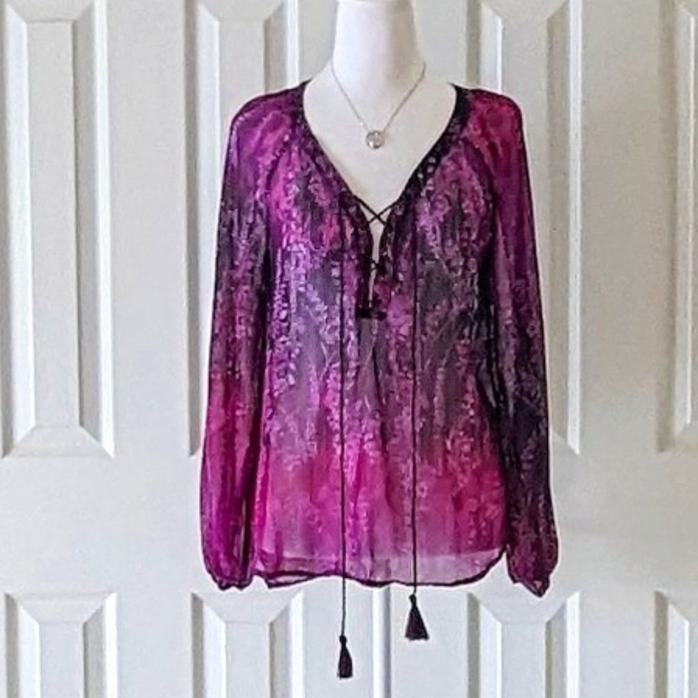 JESSICA SIMPSON Women's Sheer Lace Up Long Sleeve Blouse  Size S  Purple Print